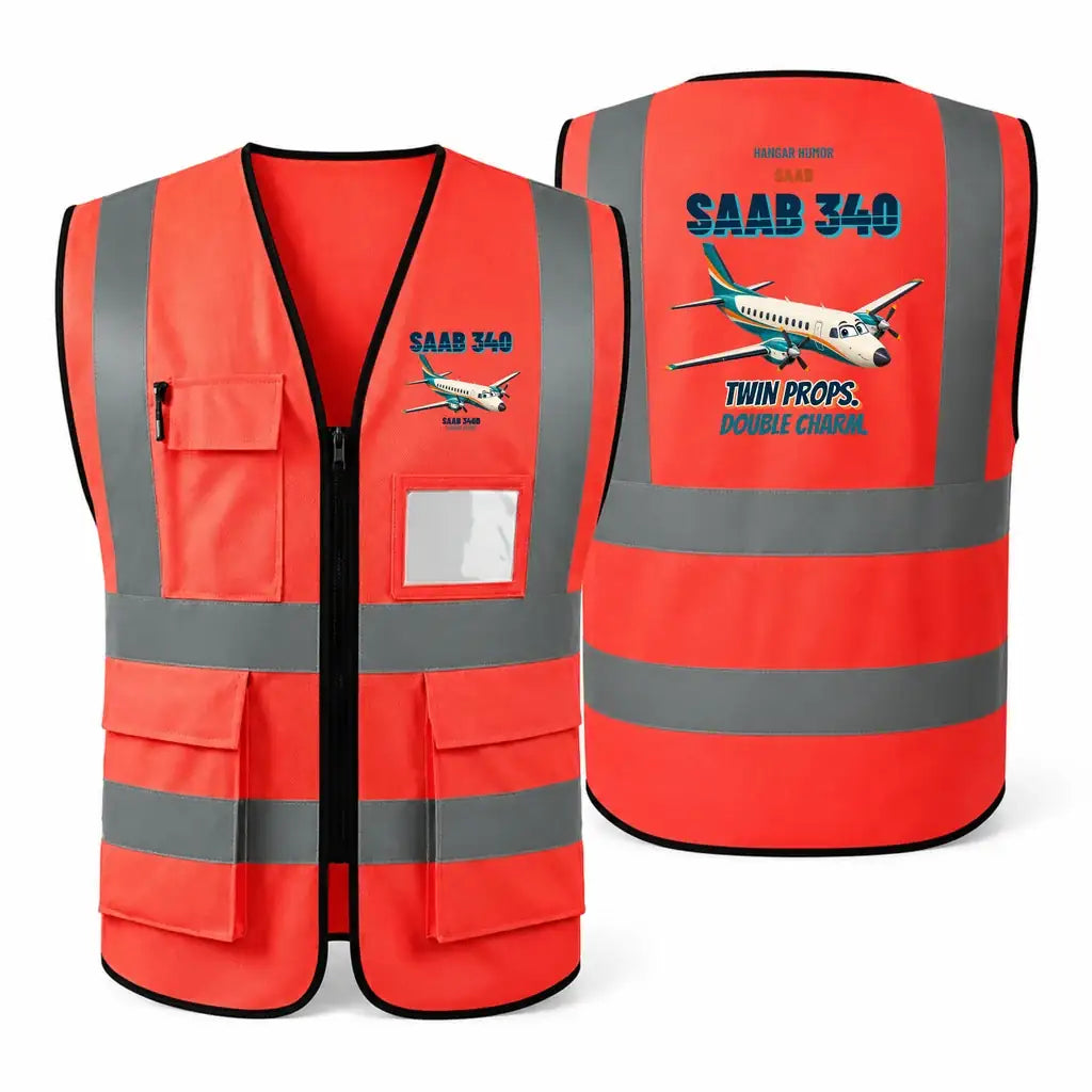 Saab 340B - Twin props. Double charm. design on red high-visibility reflective vest