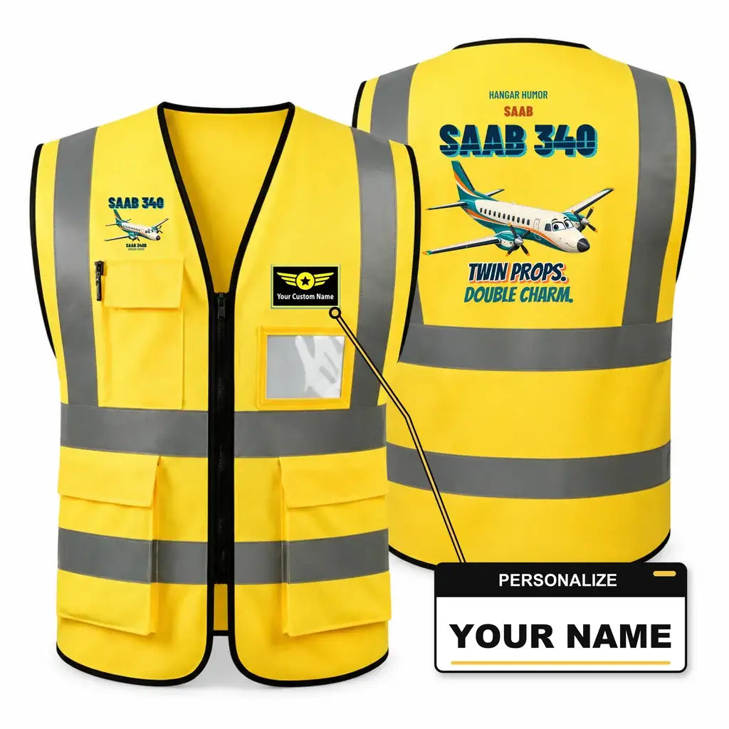 Saab 340B - Twin props. Double charm. design on yellow high-visibility reflective vest with custom name badge