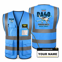 Thumbnail for Diamond DA40 - Diamond wings. Bright things. design on blue high-visibility reflective vest with custom name badge