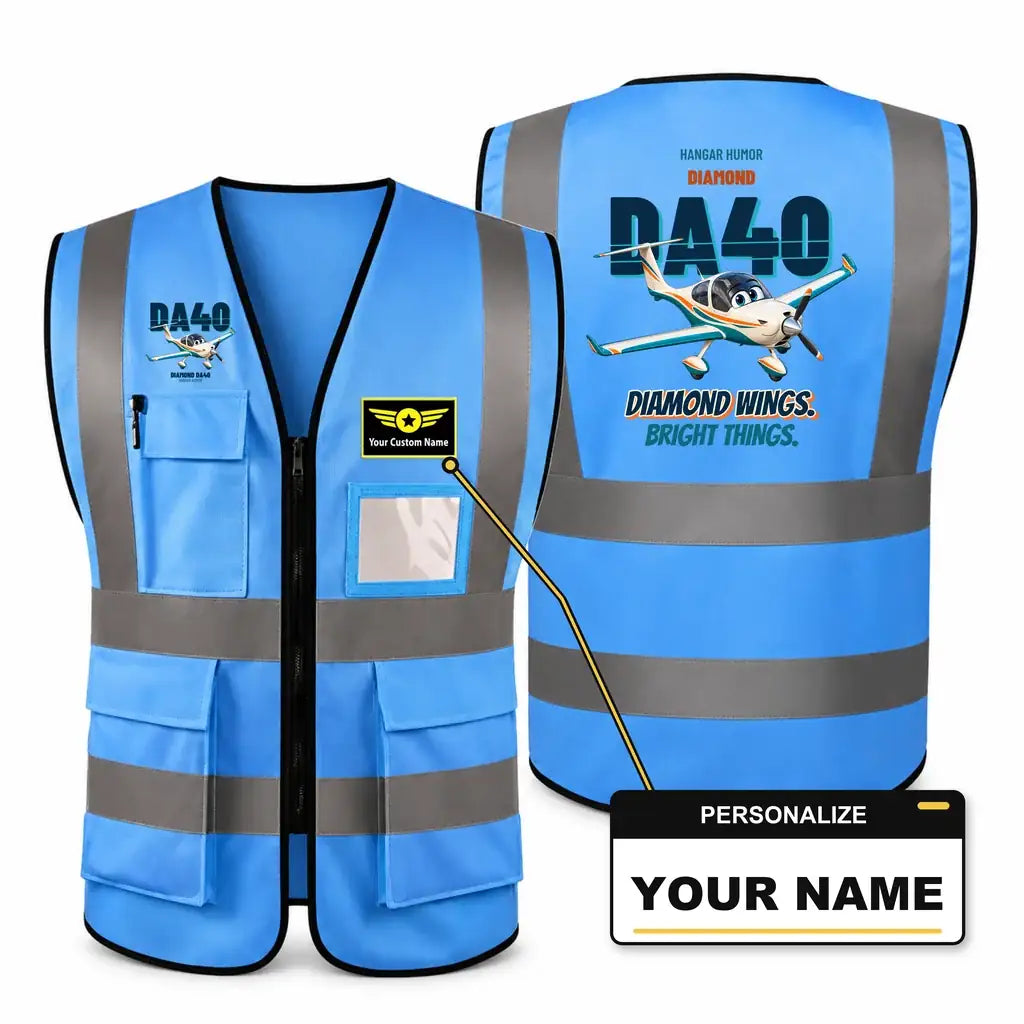 Diamond DA40 - Diamond wings. Bright things. design on blue high-visibility reflective vest with custom name badge