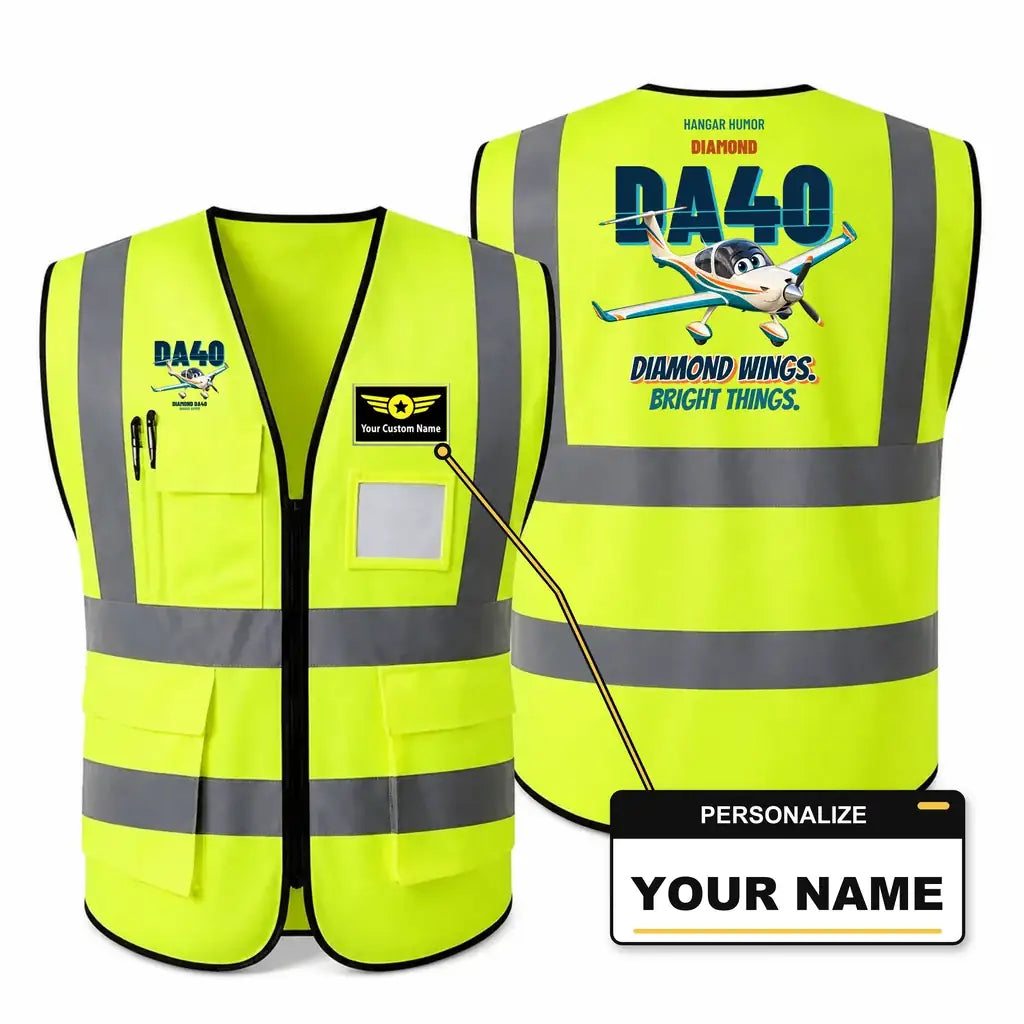 Diamond DA40 - Diamond wings. Bright things. design on fluorescent green high-visibility reflective vest with custom name badge
