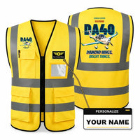 Thumbnail for Diamond DA40 - Diamond wings. Bright things. design on yellow high-visibility reflective vest with custom name badge