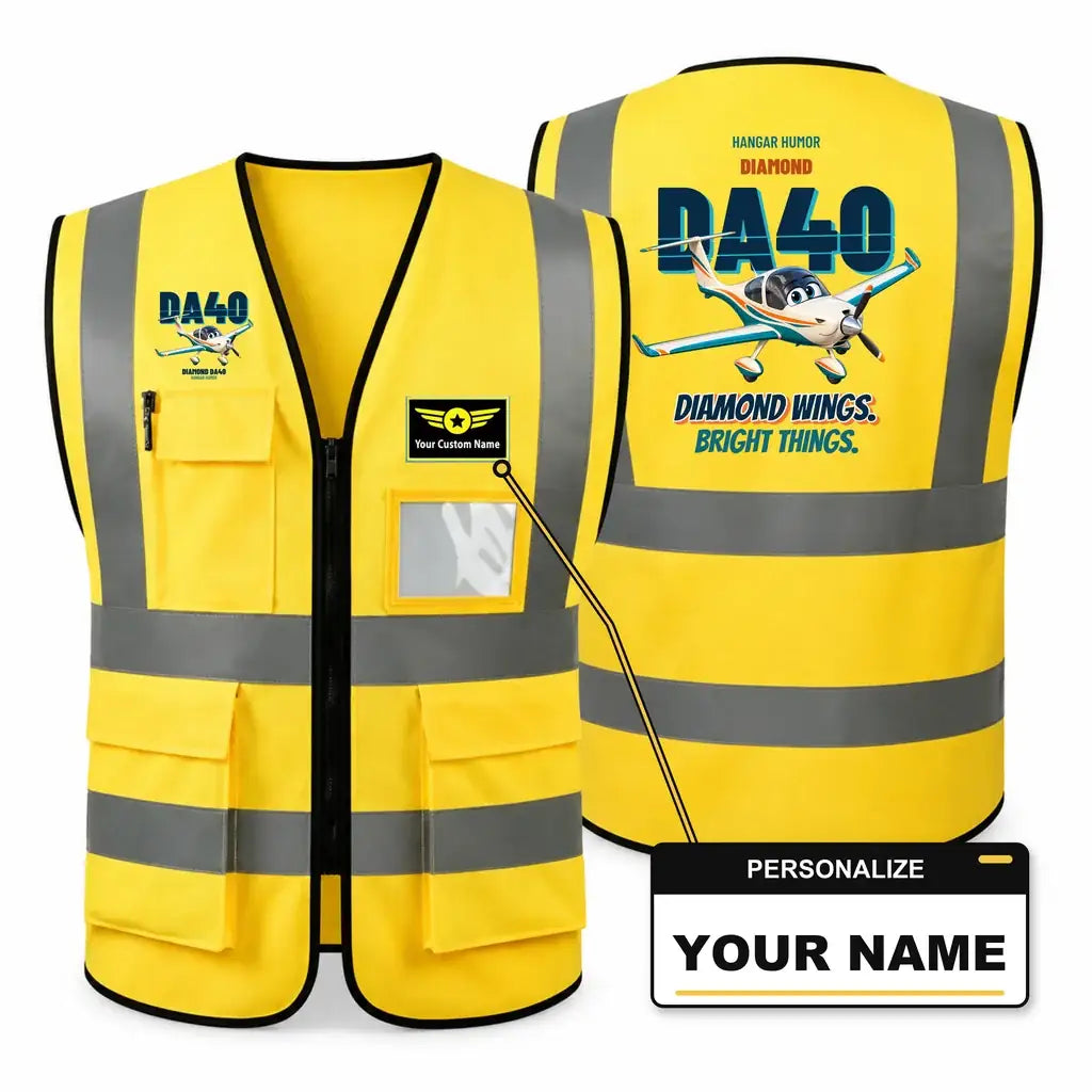 Diamond DA40 - Diamond wings. Bright things. design on yellow high-visibility reflective vest with custom name badge