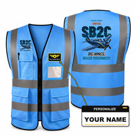 Thumbnail for Curtiss SB2C-5 Helldiver - Big wings. Bigger personality. design on blue high-visibility reflective vest with custom name badge