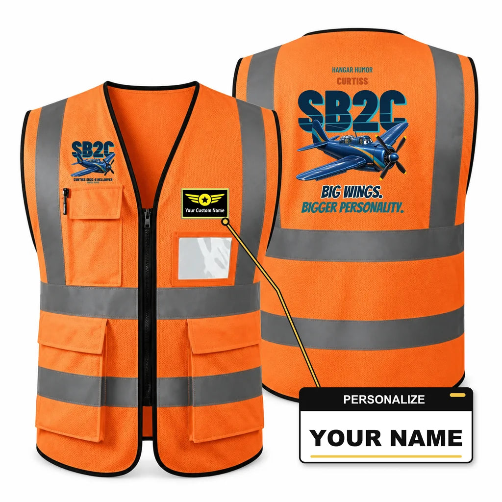Curtiss SB2C-5 Helldiver - Big wings. Bigger personality. design on orange high-visibility reflective vest with custom name badge