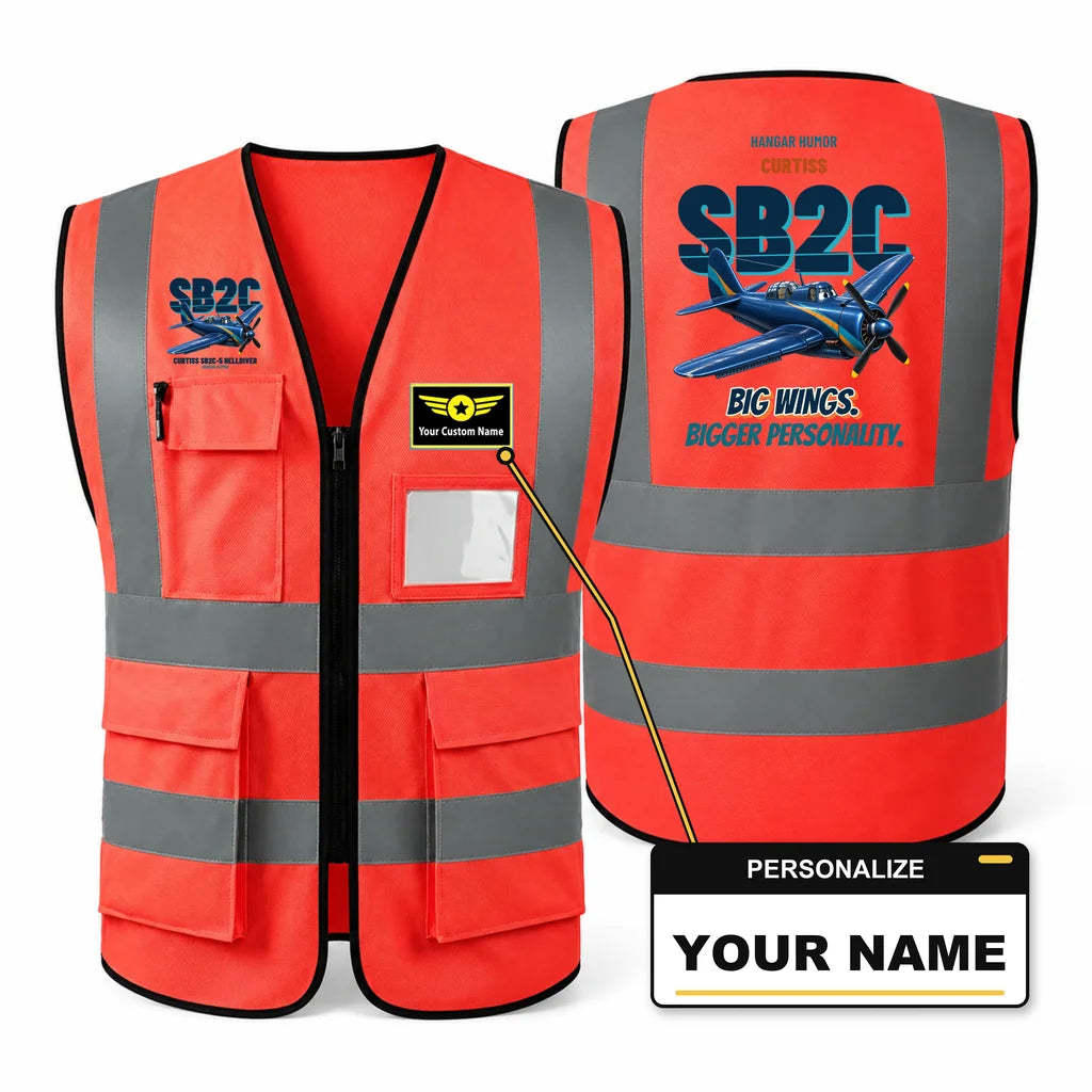 Curtiss SB2C-5 Helldiver - Big wings. Bigger personality. design on red high-visibility reflective vest with custom name badge