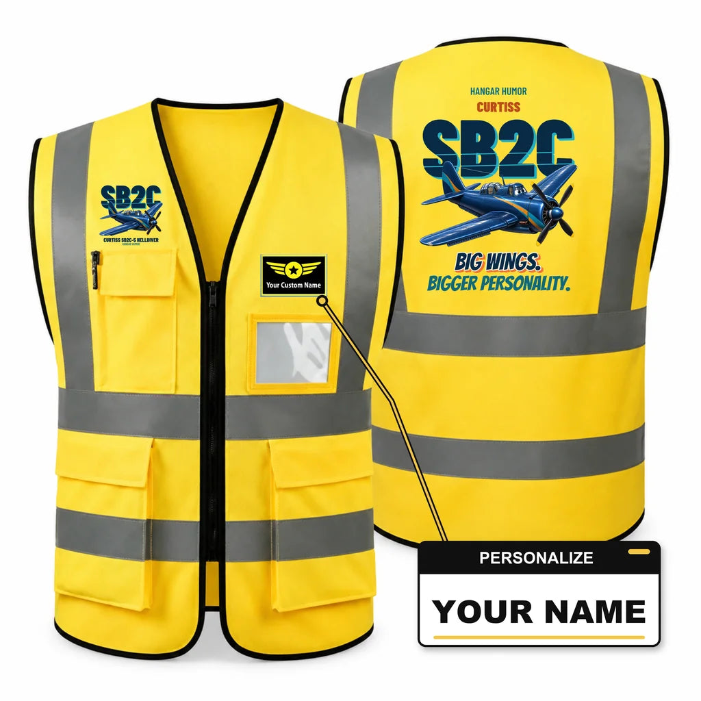 Curtiss SB2C-5 Helldiver - Big wings. Bigger personality. design on yellow high-visibility reflective vest with custom name badge