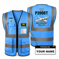 Thumbnail for Tecnam P2006T - Twin confidence. Single grin. design on blue high-visibility reflective vest with custom name badge
