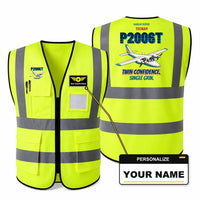 Thumbnail for Tecnam P2006T - Twin confidence. Single grin. design on fluorescent green high-visibility reflective vest with custom name badge