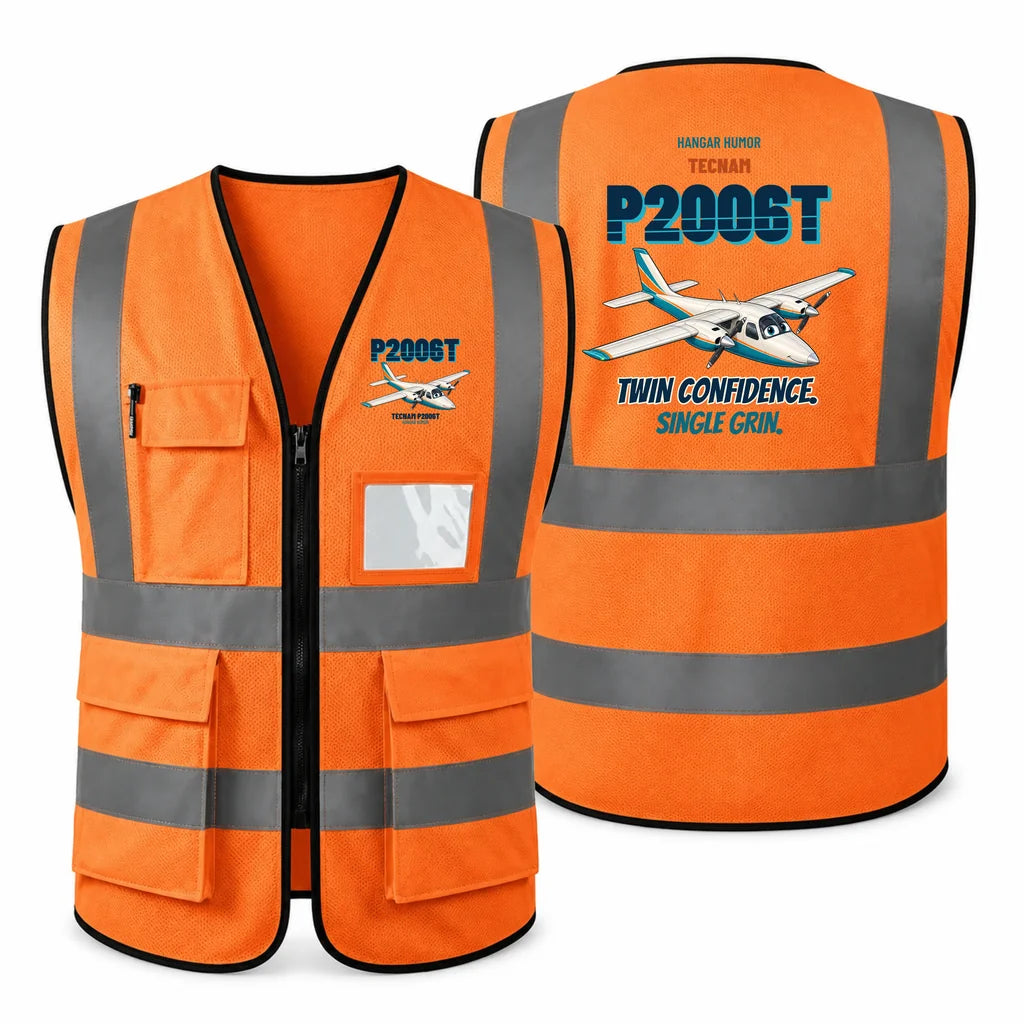 Tecnam P2006T - Twin confidence. Single grin. design on orange high-visibility reflective vest