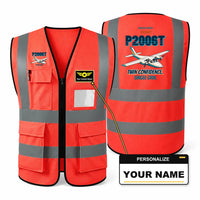 Thumbnail for Tecnam P2006T - Twin confidence. Single grin. design on red high-visibility reflective vest with custom name badge
