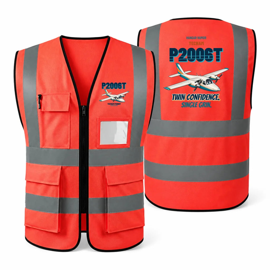 Tecnam P2006T - Twin confidence. Single grin. design on red high-visibility reflective vest