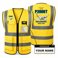 Thumbnail for Tecnam P2006T - Twin confidence. Single grin. design on yellow high-visibility reflective vest with custom name badge