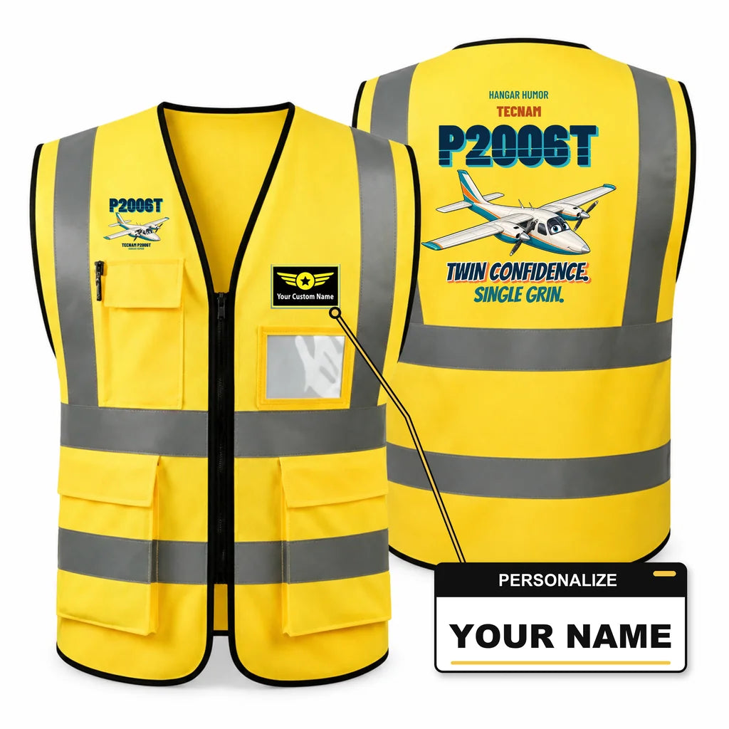 Tecnam P2006T - Twin confidence. Single grin. design on yellow high-visibility reflective vest with custom name badge