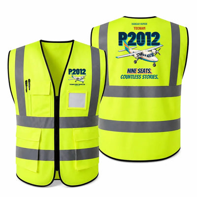 Tecnam P2012 Traveller - Nine seats. Countless stories. design on fluorescent green high-visibility reflective vest