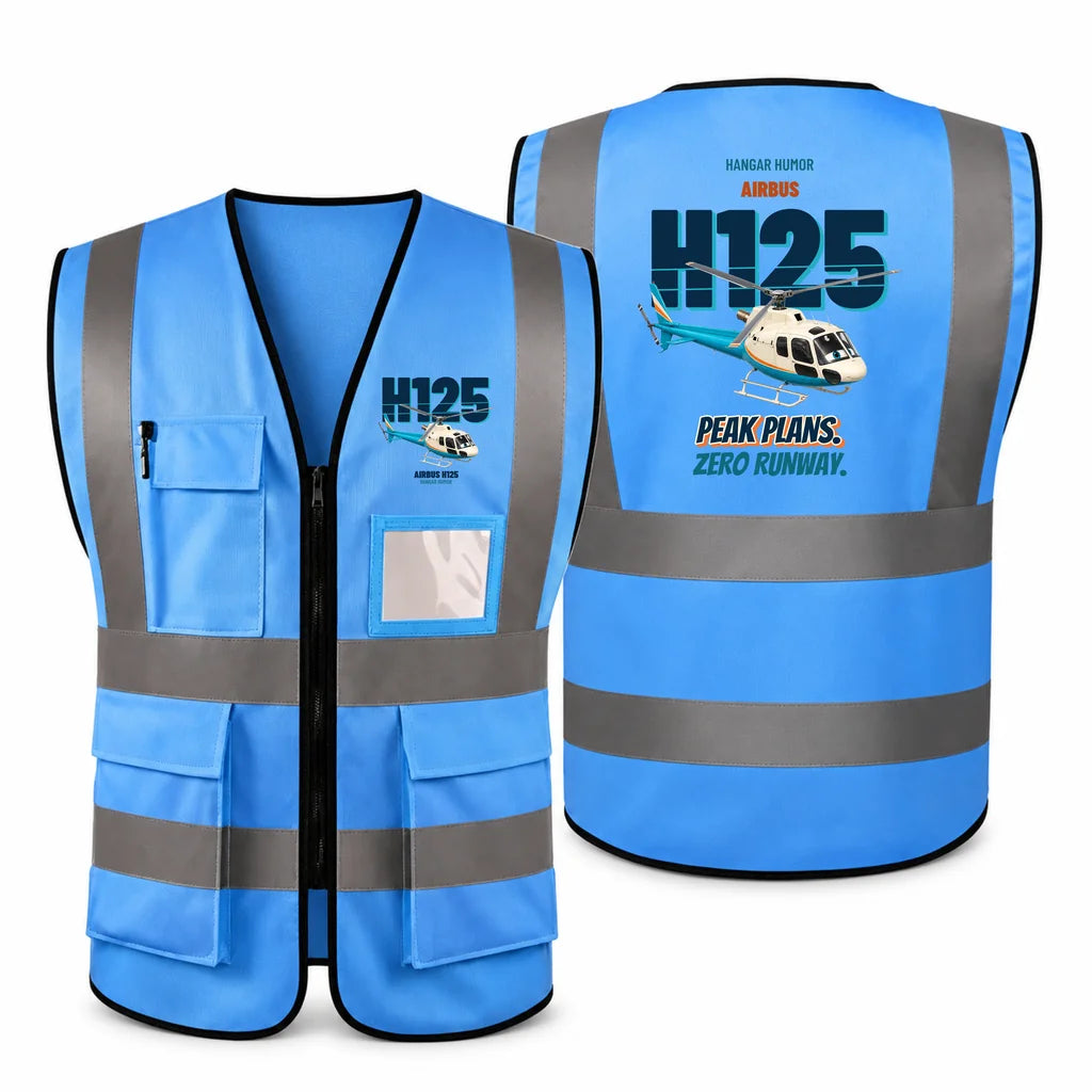Airbus H125 - Peak plans. Zero runway. design on blue high-visibility reflective vest