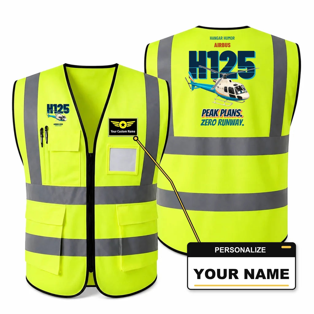 Airbus H125 - Peak plans. Zero runway. design on fluorescent green high-visibility reflective vest with custom name badge