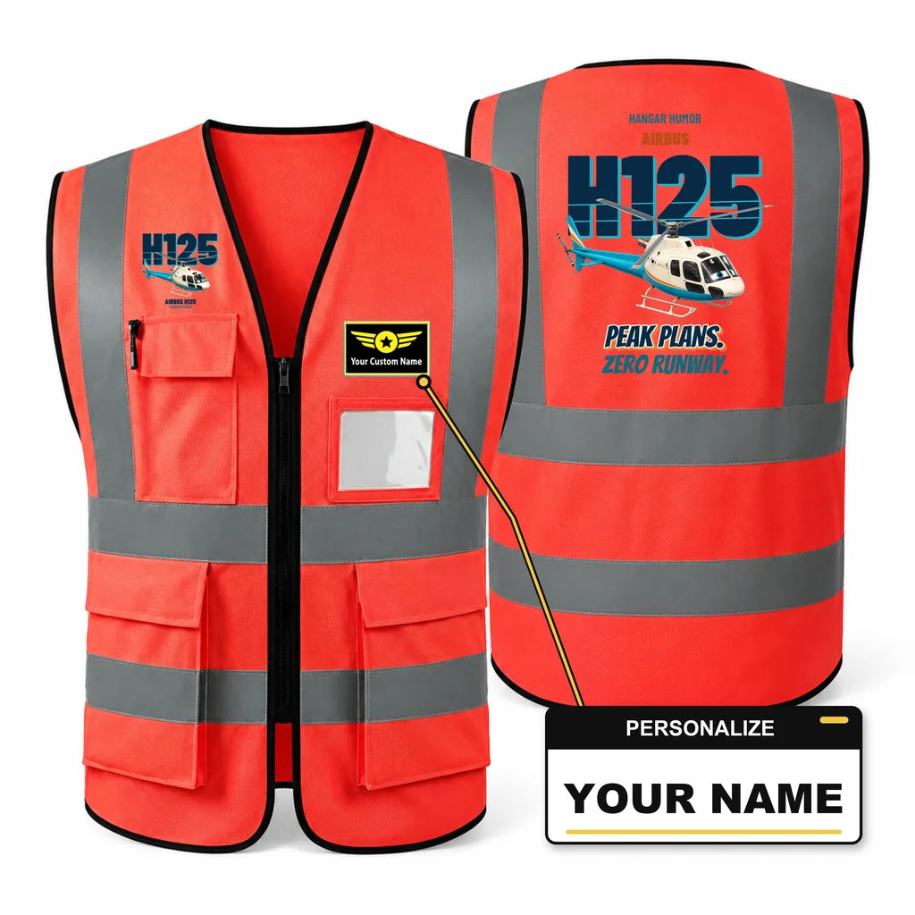 Airbus H125 - Peak plans. Zero runway. design on red high-visibility reflective vest with custom name badge