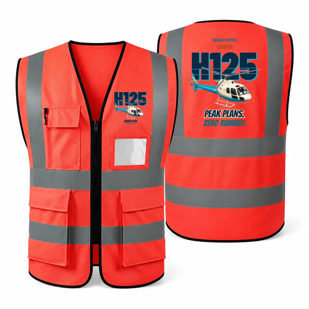 Airbus H125 - Peak plans. Zero runway. design on red high-visibility reflective vest