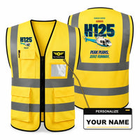 Thumbnail for Airbus H125 - Peak plans. Zero runway. design on yellow high-visibility reflective vest with custom name badge