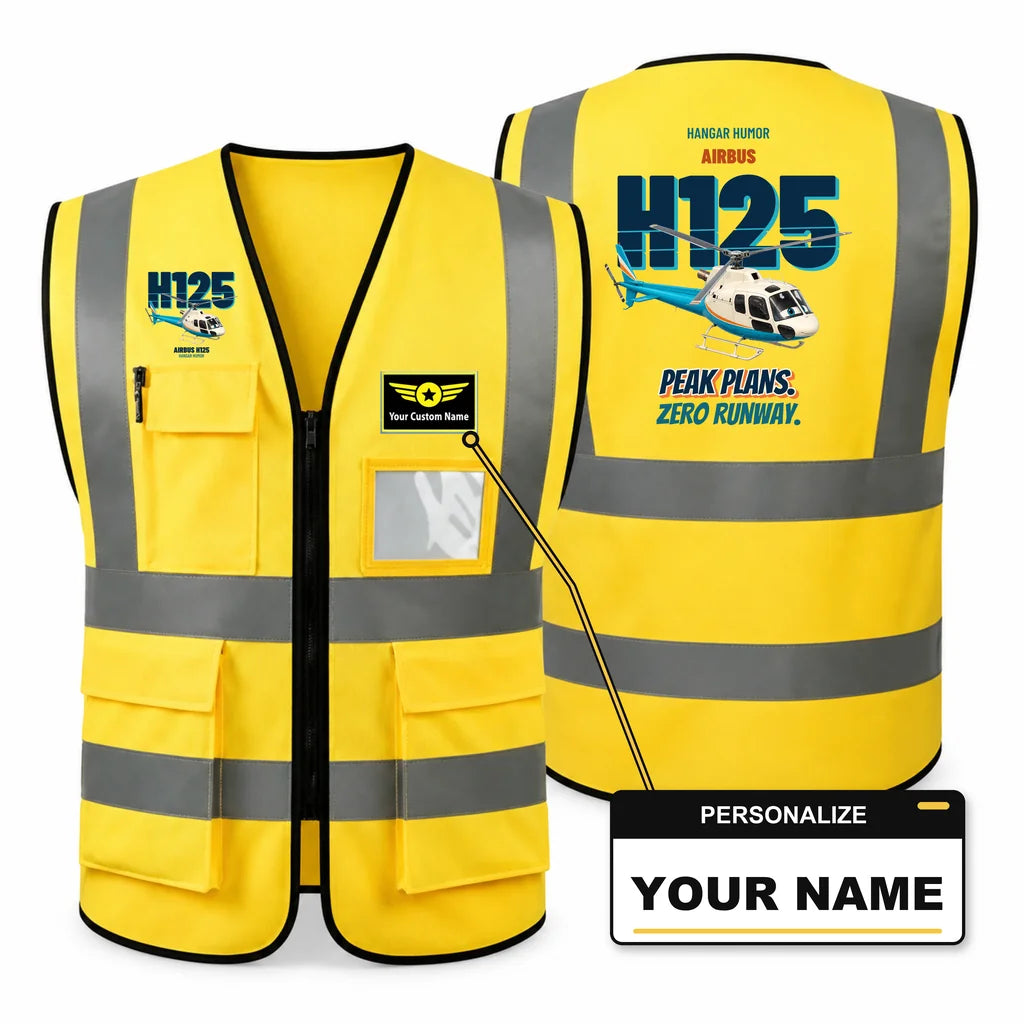 Airbus H125 - Peak plans. Zero runway. design on yellow high-visibility reflective vest with custom name badge