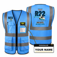 Thumbnail for Robinson R22 Beta II - Two seats. Big first steps. design on blue high-visibility reflective vest with custom name badge