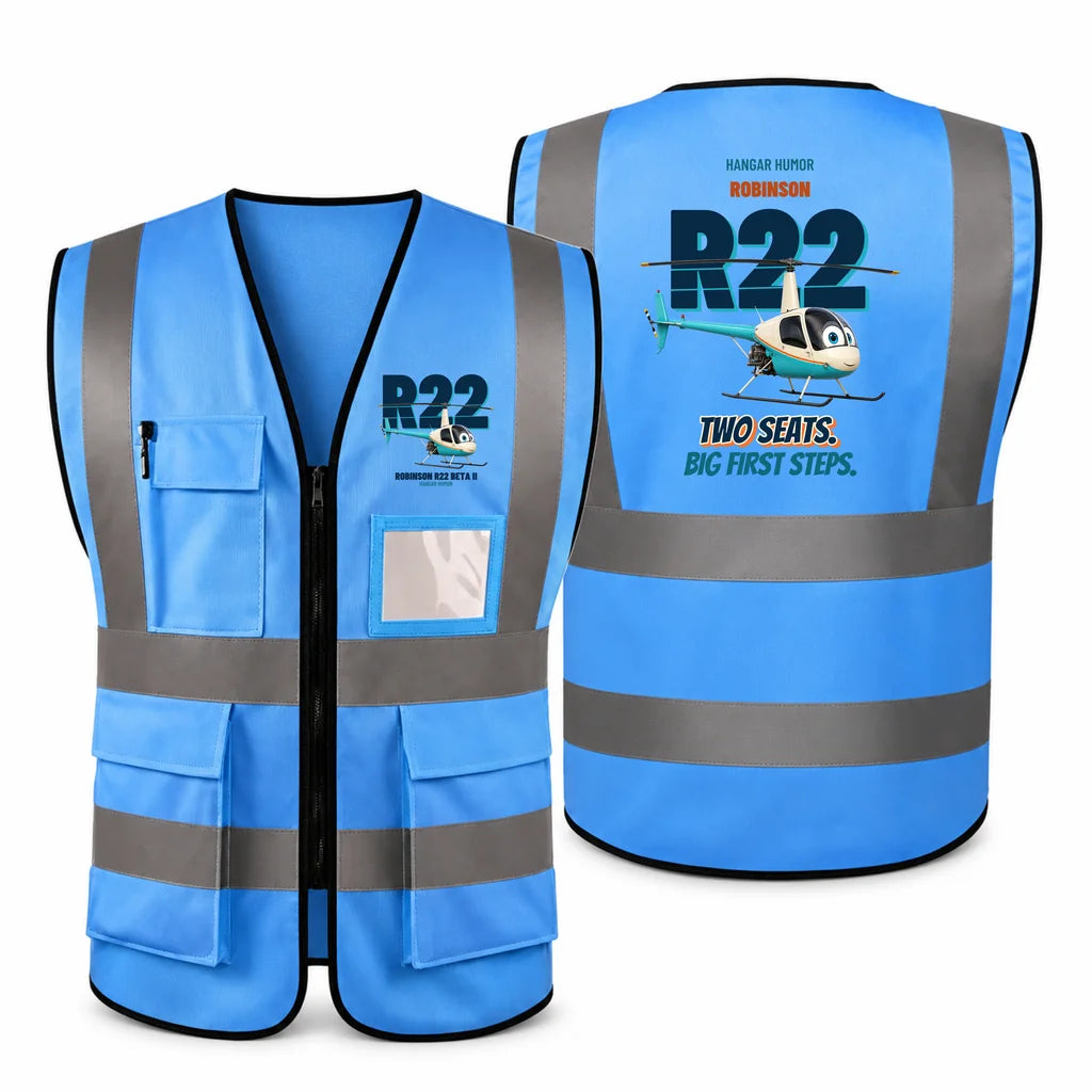 Robinson R22 Beta II - Two seats. Big first steps. design on blue high-visibility reflective vest