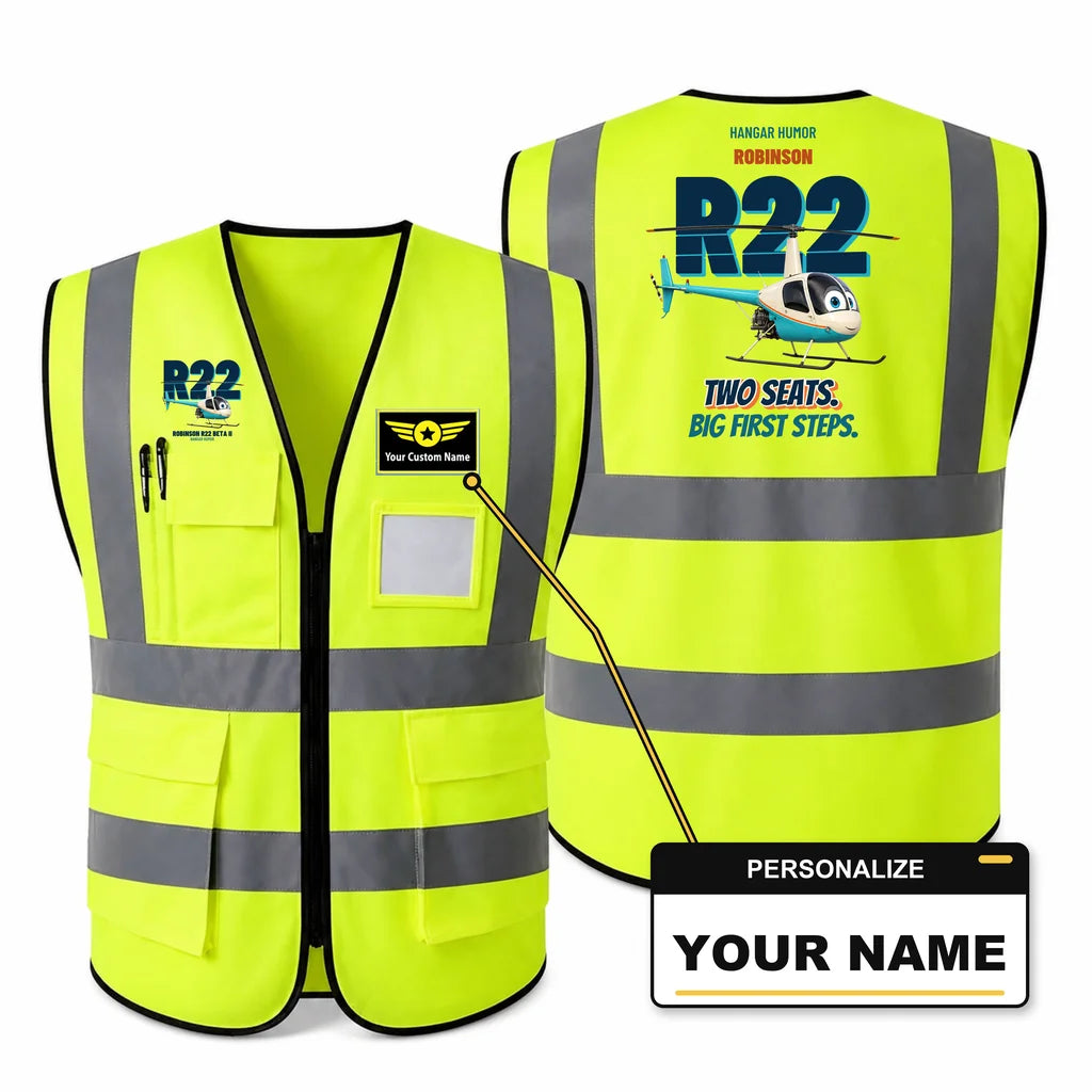 Robinson R22 Beta II - Two seats. Big first steps. design on fluorescent green high-visibility reflective vest with custom name badge