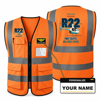 Thumbnail for Robinson R22 Beta II - Two seats. Big first steps. design on orange high-visibility reflective vest with custom name badge