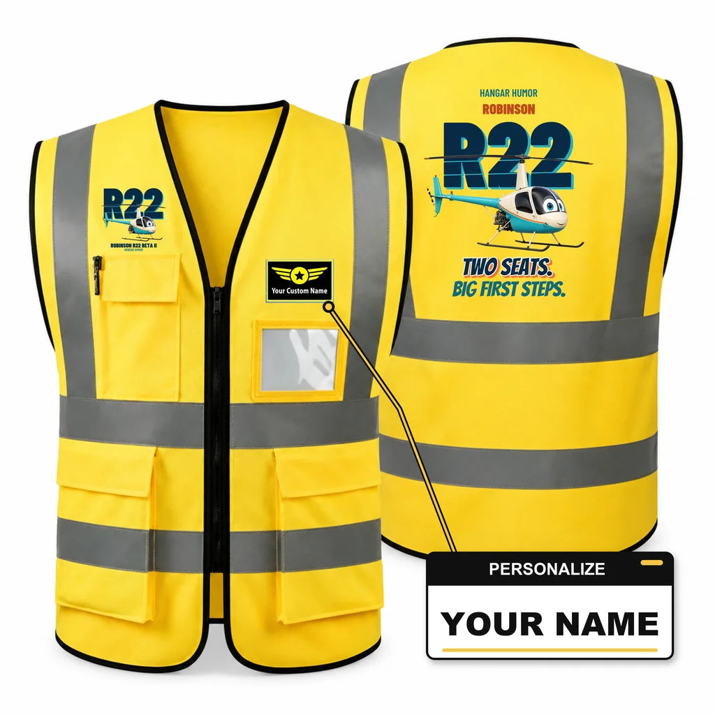 Robinson R22 Beta II - Two seats. Big first steps. design on yellow high-visibility reflective vest with custom name badge
