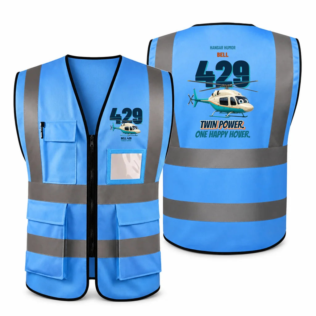 Bell 429 - Twin power. One happy hover. design on blue high-visibility reflective vest