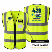 Thumbnail for Bell 429 - Twin power. One happy hover. design on fluorescent green high-visibility reflective vest with custom name badge