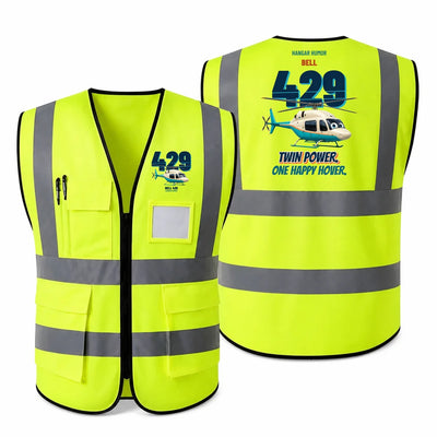 Bell 429 - Twin power. One happy hover. design on fluorescent green high-visibility reflective vest