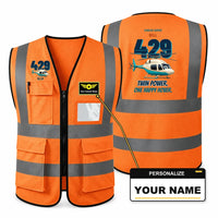 Thumbnail for Bell 429 - Twin power. One happy hover. design on orange high-visibility reflective vest with custom name badge