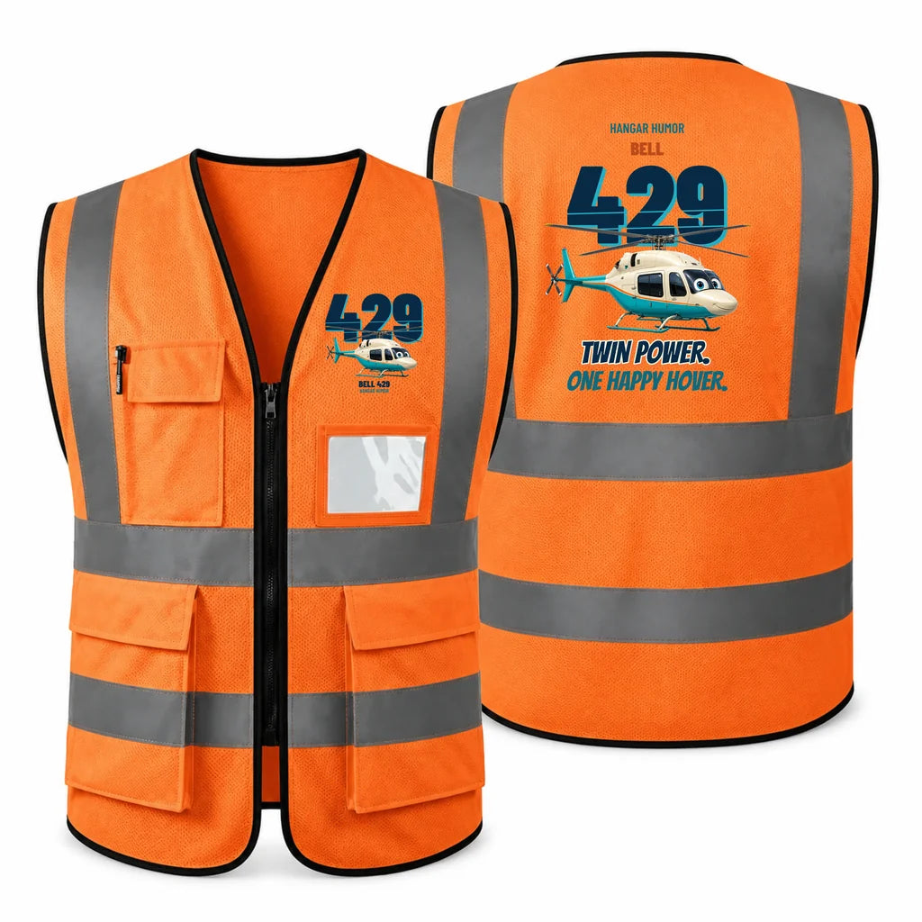 Bell 429 - Twin power. One happy hover. design on orange high-visibility reflective vest
