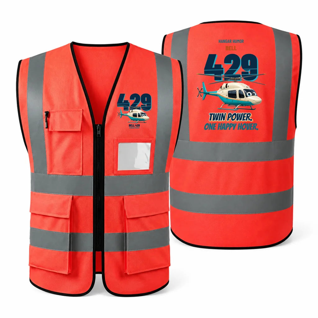 Bell 429 - Twin power. One happy hover. design on red high-visibility reflective vest