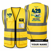 Thumbnail for Bell 429 - Twin power. One happy hover. design on yellow high-visibility reflective vest with custom name badge