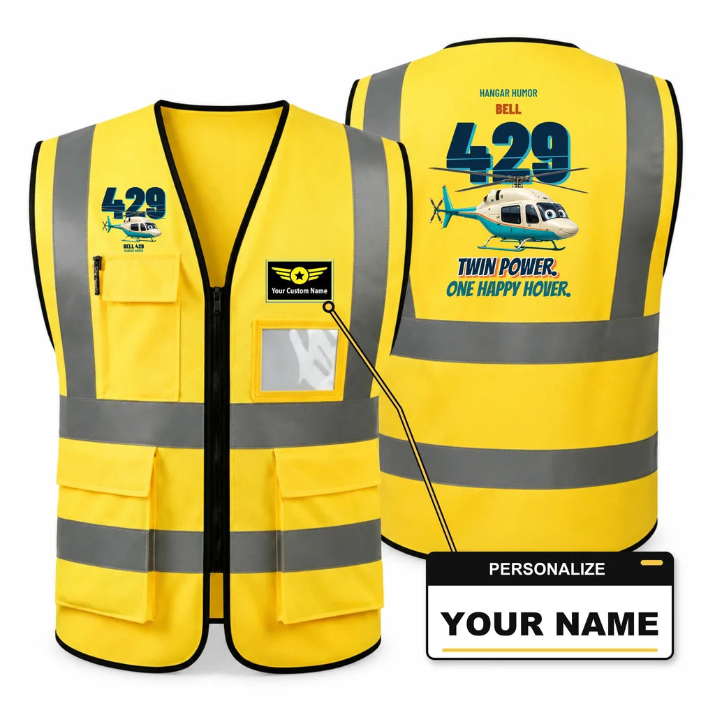 Bell 429 - Twin power. One happy hover. design on yellow high-visibility reflective vest with custom name badge