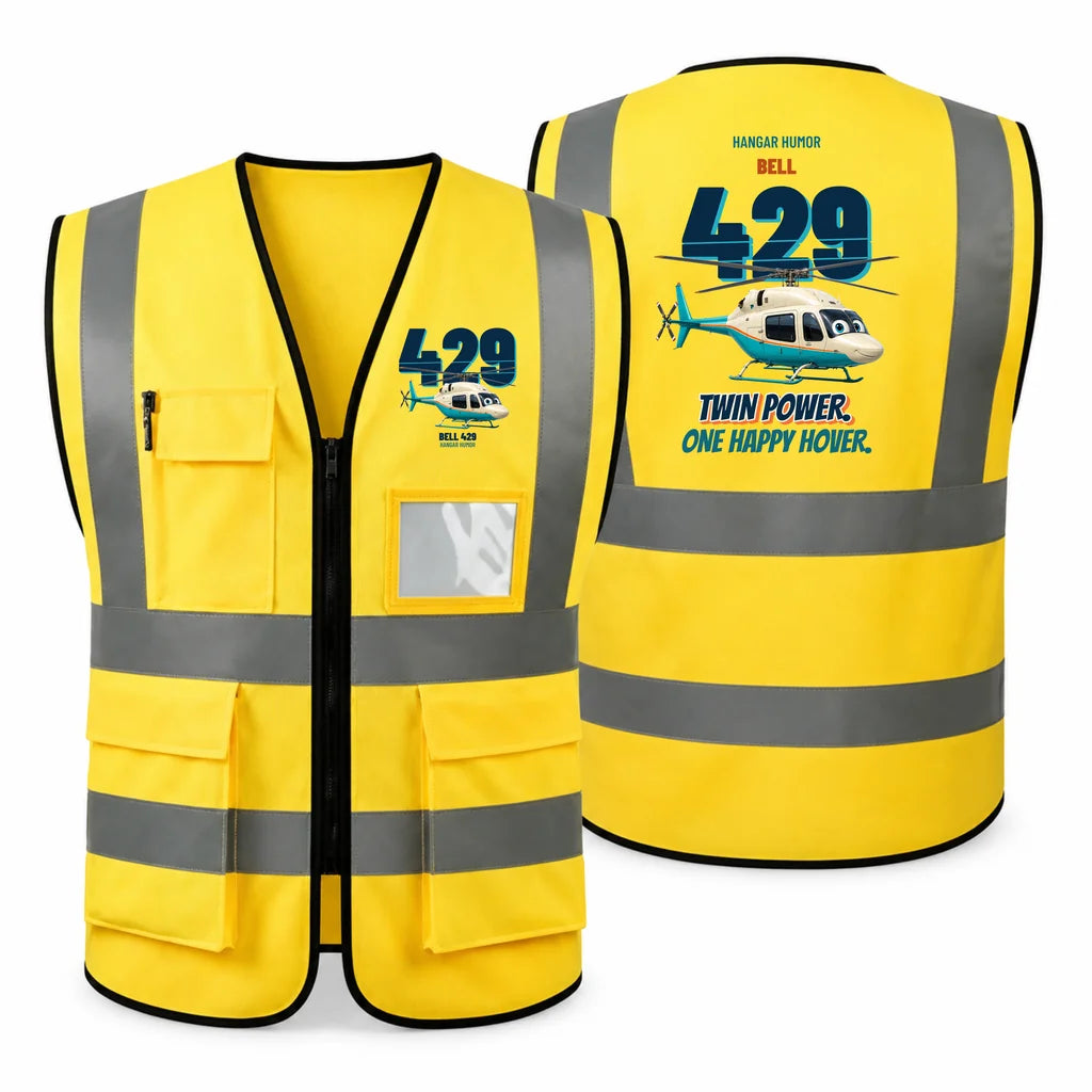Bell 429 - Twin power. One happy hover. design on yellow high-visibility reflective vest