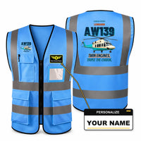 Thumbnail for Leonardo AW139 - Twin engines. Triple the charm. design on blue high-visibility reflective vest with custom name badge