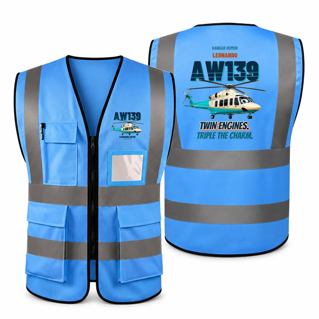 Leonardo AW139 - Twin engines. Triple the charm. design on blue high-visibility reflective vest