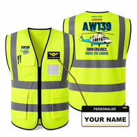 Thumbnail for Leonardo AW139 - Twin engines. Triple the charm. design on fluorescent green high-visibility reflective vest with custom name badge