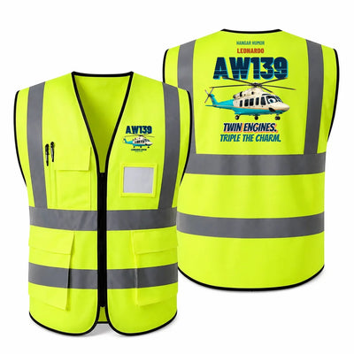 Leonardo AW139 - Twin engines. Triple the charm. design on fluorescent green high-visibility reflective vest