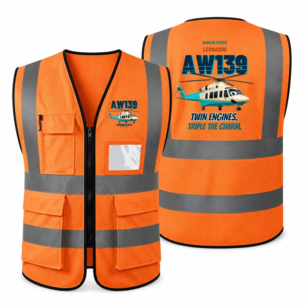 Leonardo AW139 - Twin engines. Triple the charm. design on orange high-visibility reflective vest