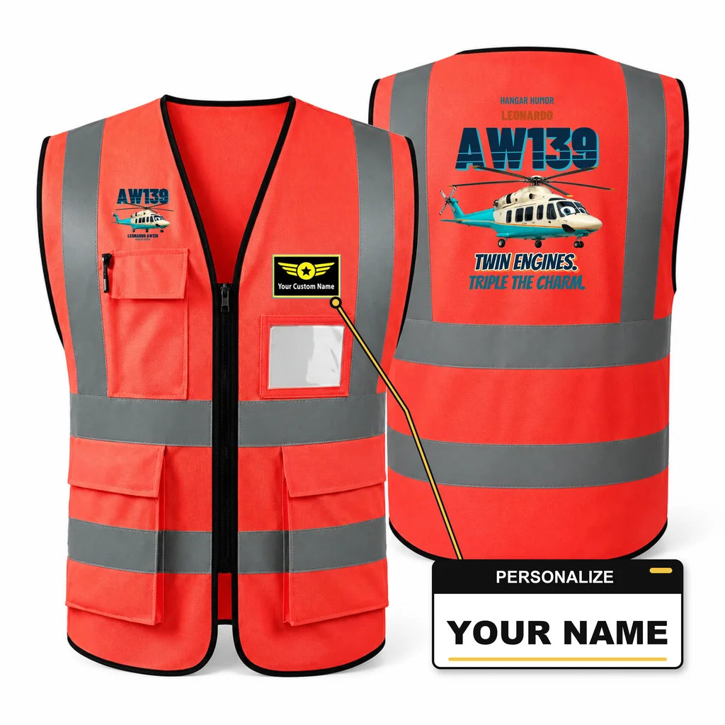 Leonardo AW139 - Twin engines. Triple the charm. design on red high-visibility reflective vest with custom name badge