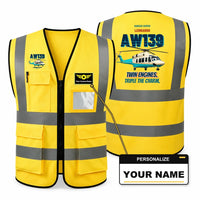 Thumbnail for Leonardo AW139 - Twin engines. Triple the charm. design on yellow high-visibility reflective vest with custom name badge