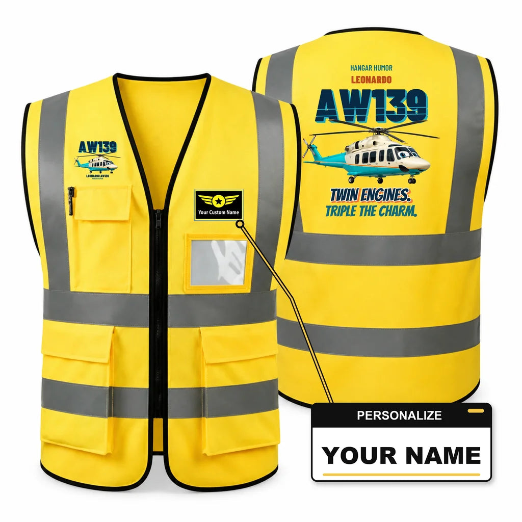 Leonardo AW139 - Twin engines. Triple the charm. design on yellow high-visibility reflective vest with custom name badge