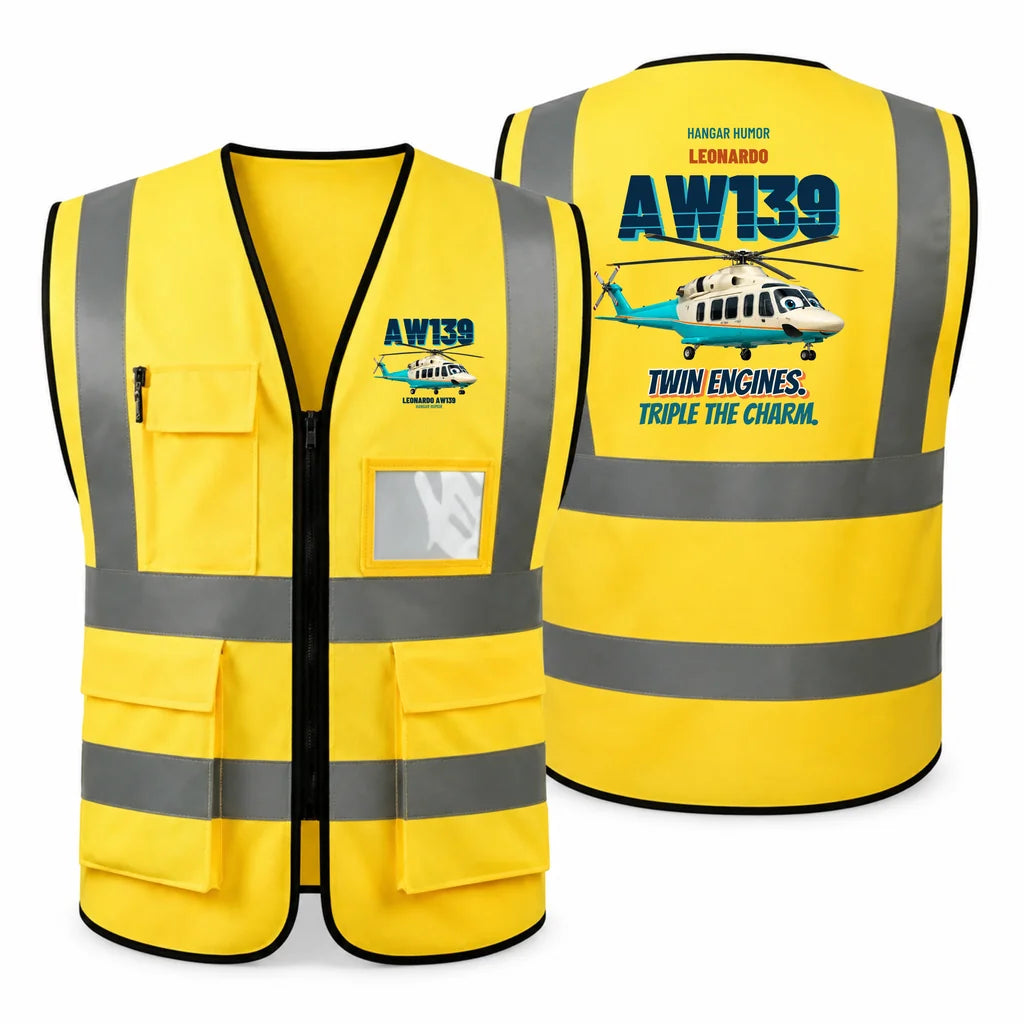 Leonardo AW139 - Twin engines. Triple the charm. design on yellow high-visibility reflective vest