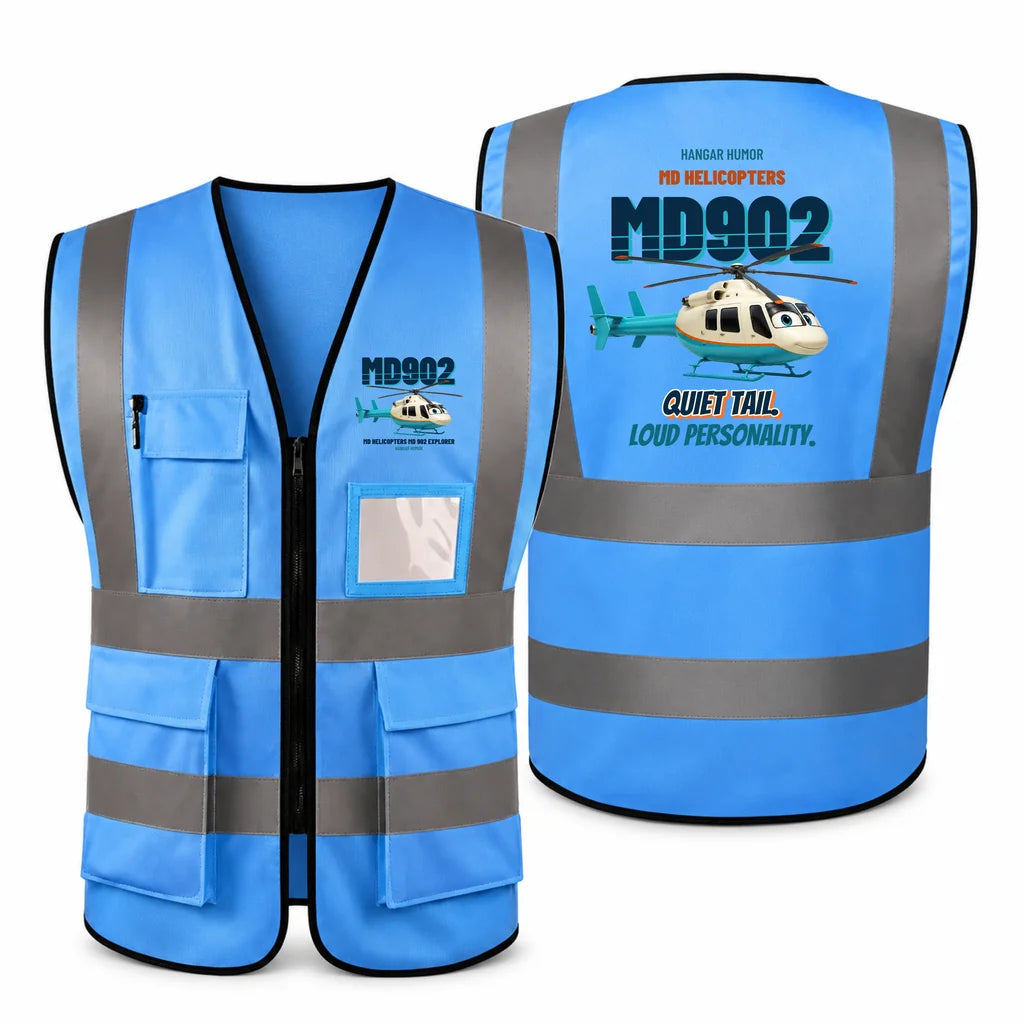 MD Helicopters MD 902 Explorer - Quiet tail. Loud personality. design on blue high-visibility reflective vest