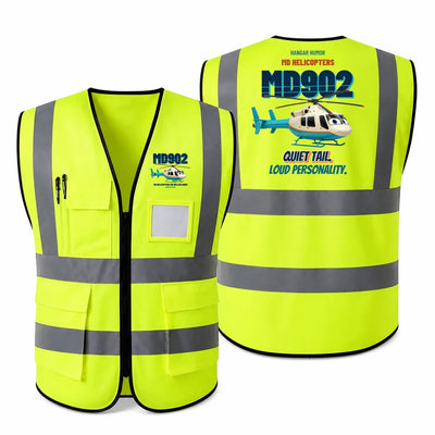 MD Helicopters MD 902 Explorer - Quiet tail. Loud personality. design on fluorescent green high-visibility reflective vest